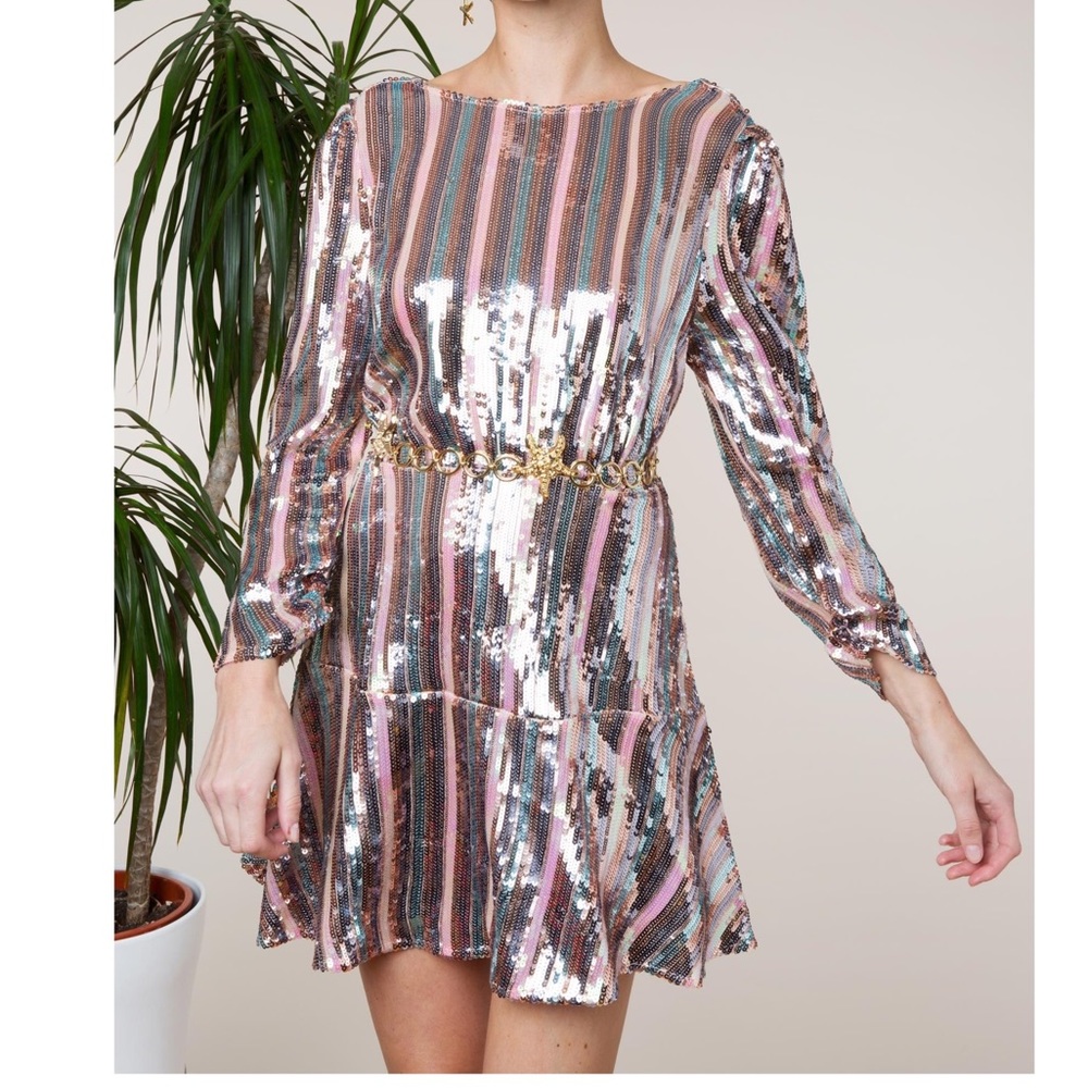 RIXO KYLA SEQUIN STRIPE Long Sleeve Mini Dress Sz S